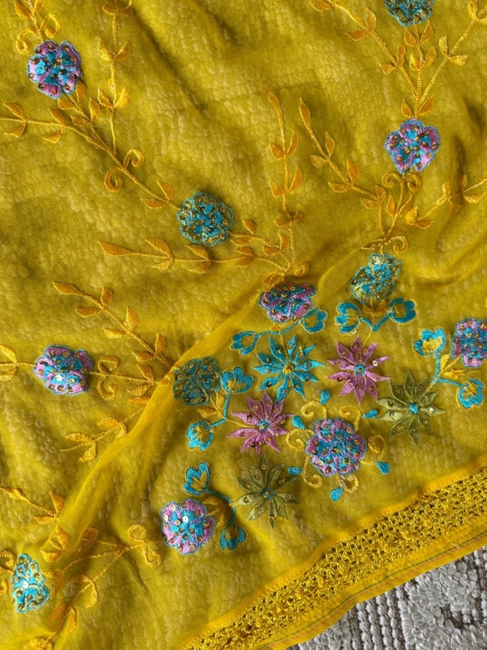 Unbranded Yellow Table cloth 40x84”  vintage India Embroidered floral Wrap